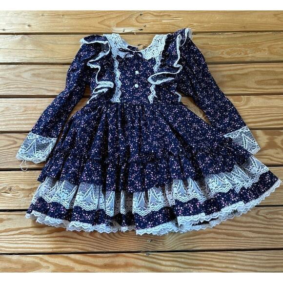 Vintage Mini World Inc Floral Lace Trim Dress Size 4 Girl’s Blue